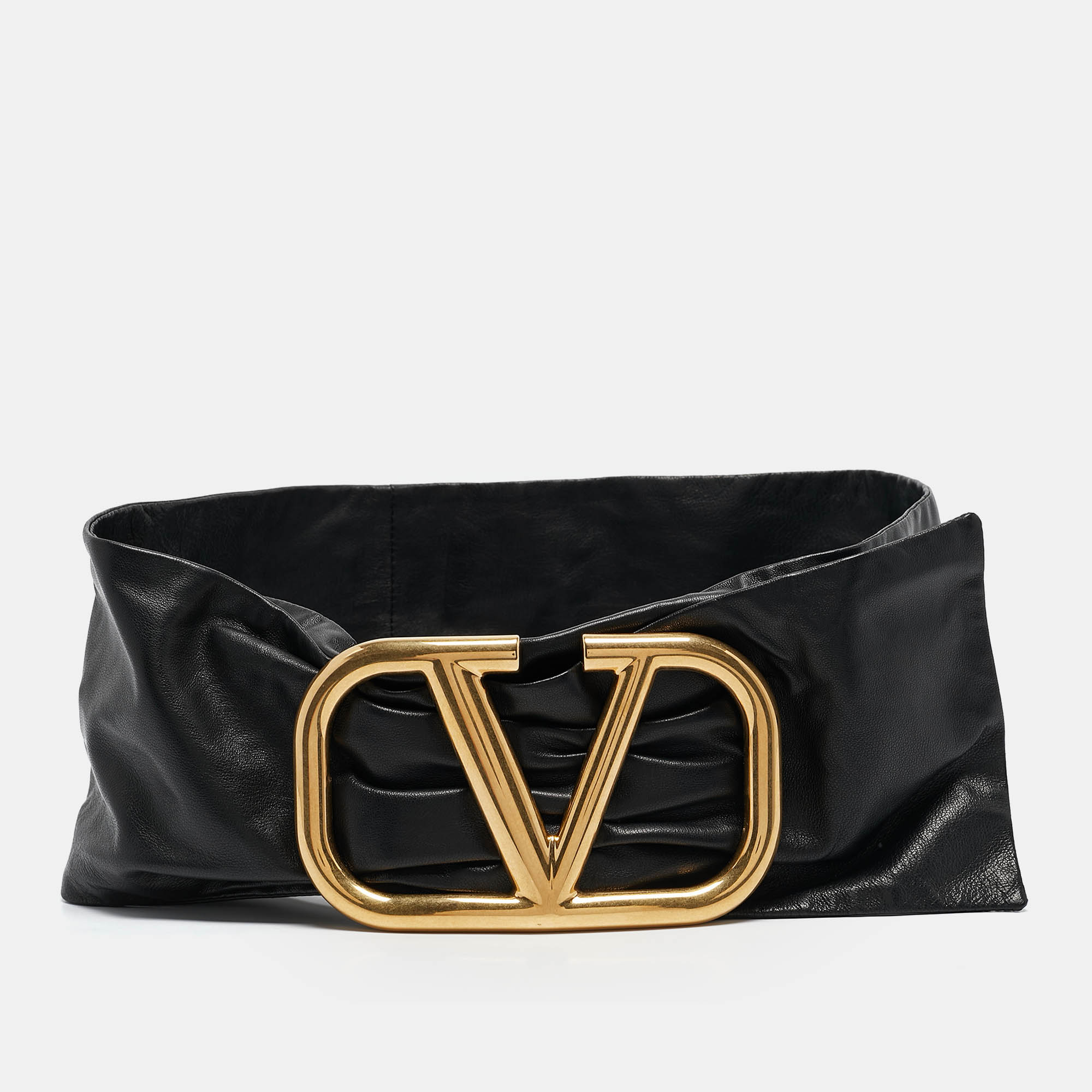 

Valentino Black Leather Pleated Vlogo Wide Belt 85CM