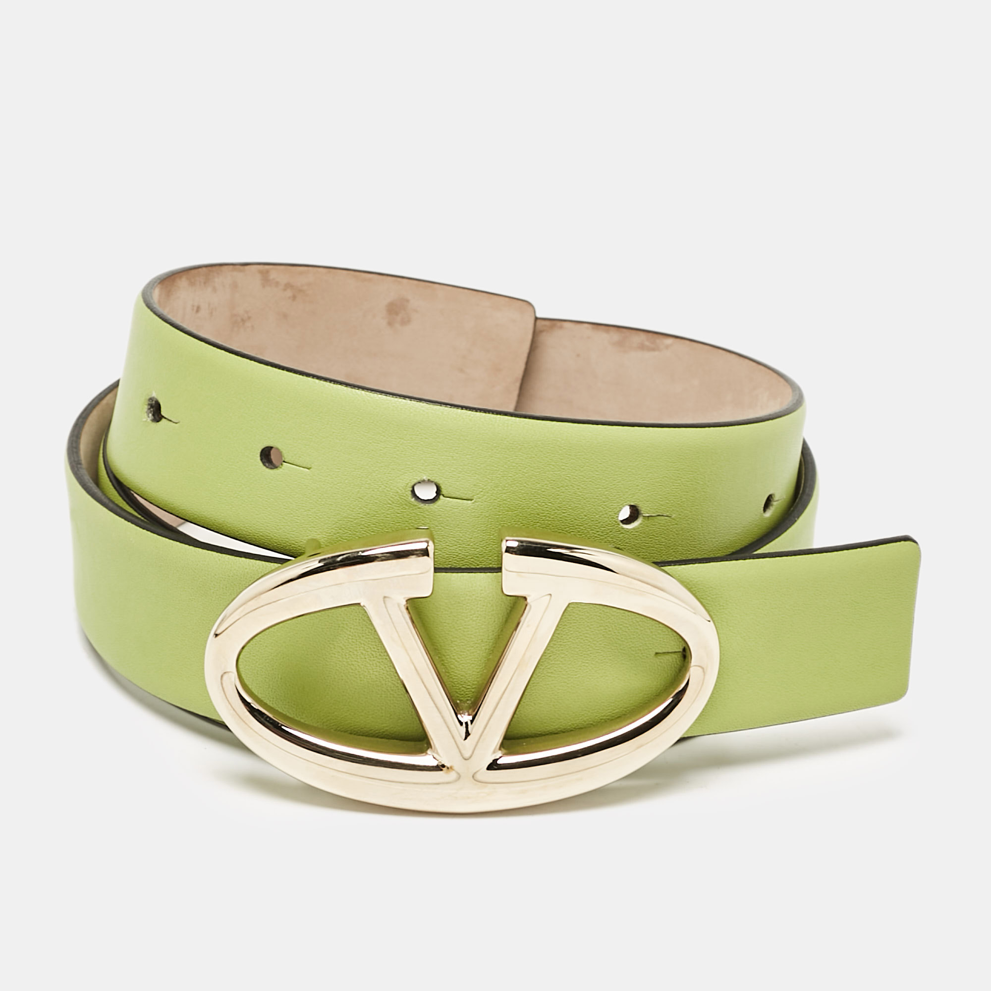 

Valentino Light Green Leather VLogo Buckle Belt 80CM