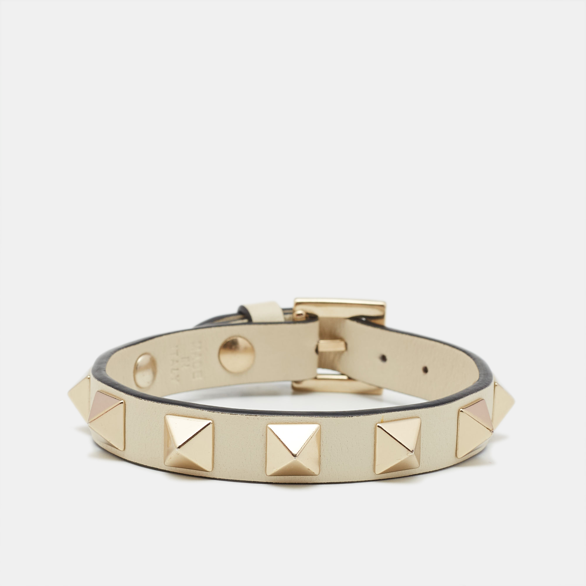 

Valentino Rockstud Biege Leather Gold Tone Bracelet, Beige