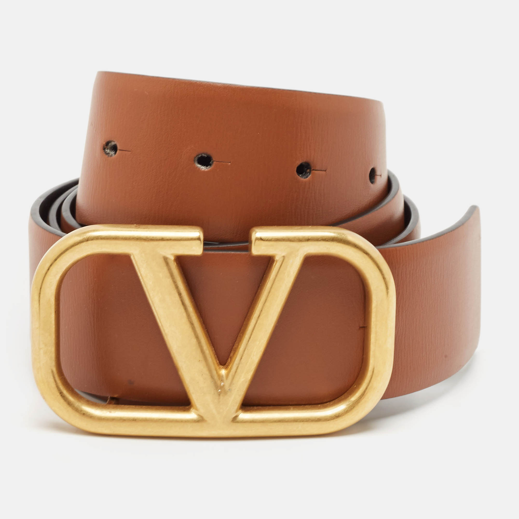 

Valentino Brown/Black Leather VLogo Reversible Belt