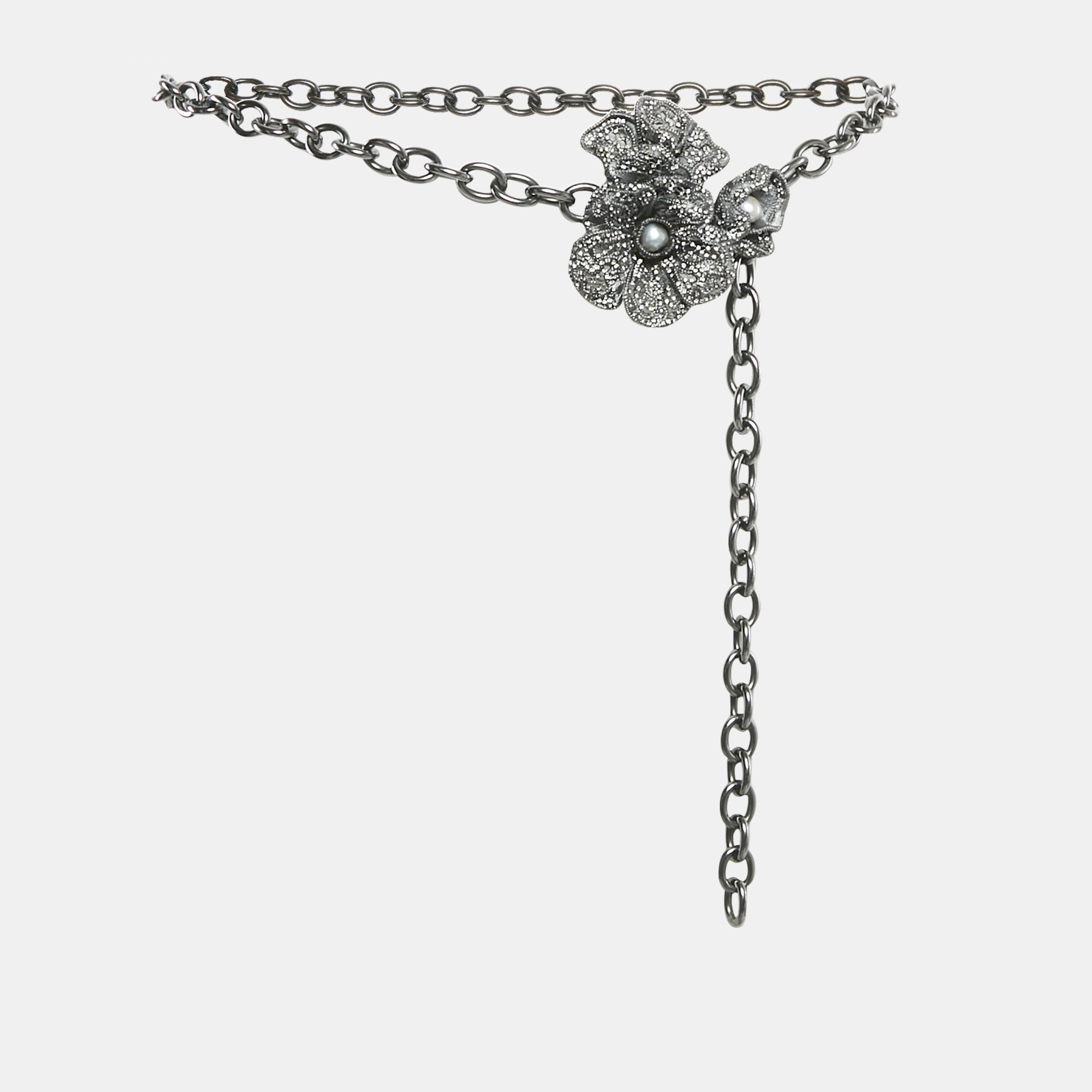 

Valentino Crystal Flower Gunmetal Tone Chain Link Belt, Grey