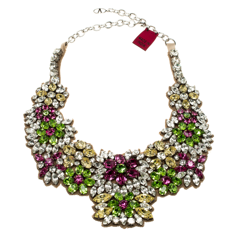 Valentino Multicolor Flower Crystal Embellished Statement Necklace