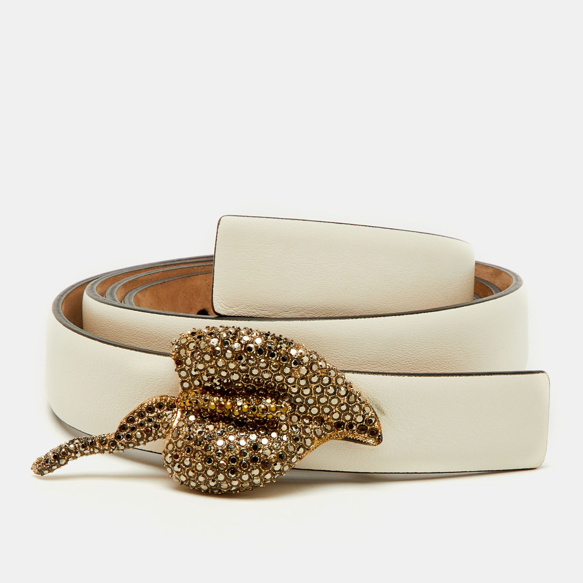 

Valentino White Leather Crystal Embellished Slim Buckle Belt 90CM