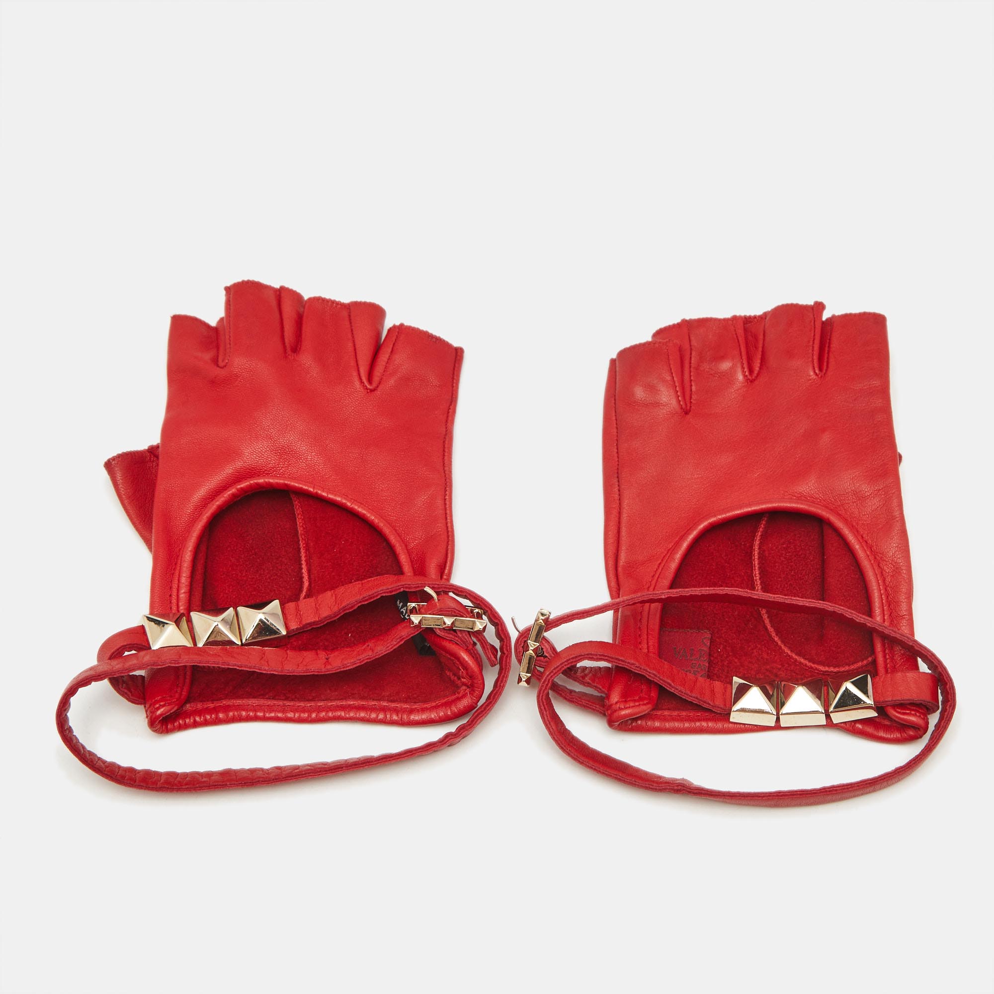 

Valentino Red Leather Rockstud Fingerless Gloves