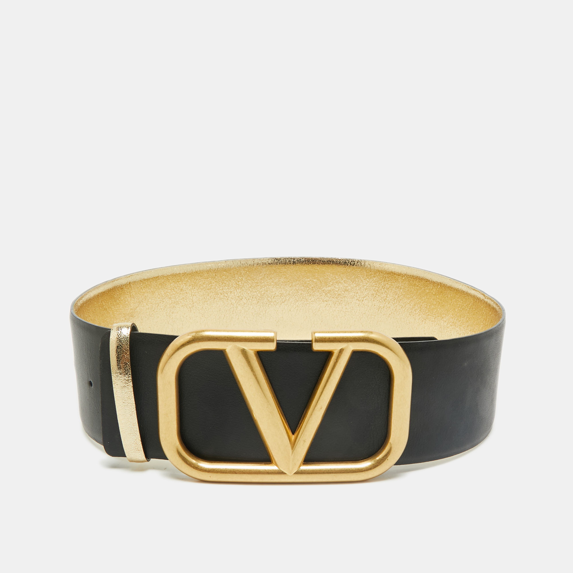 

Valentino Gold/Black Leather VLogo Reversible Wide Belt 80CM