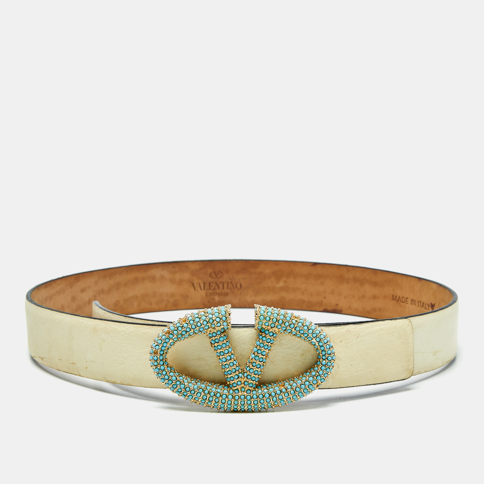 

Valentino Cream Leather VLogo Crystals Embellished Belt 65CM