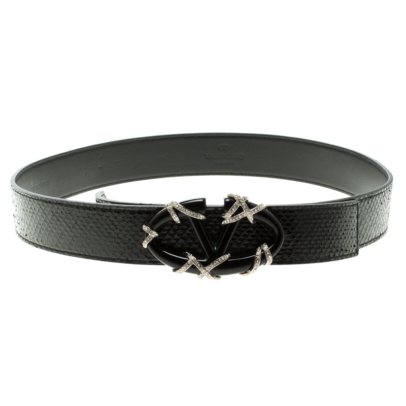 مملوكة مسبقًا Valentino Black Python Crystal Embellished Platino Buckle Belt 85cm