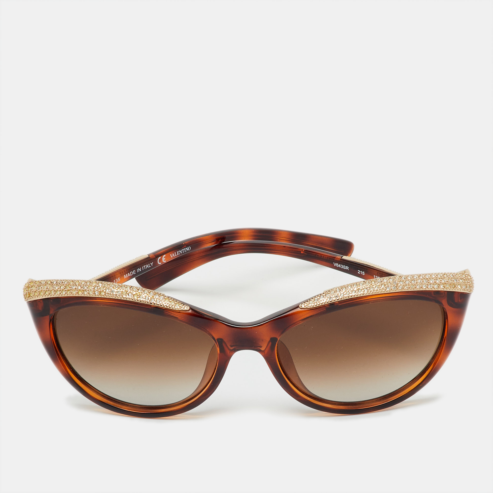Pre-owned Valentino Havana/brown Gradient V643sr Crystal Cat-eye Sunglasses
