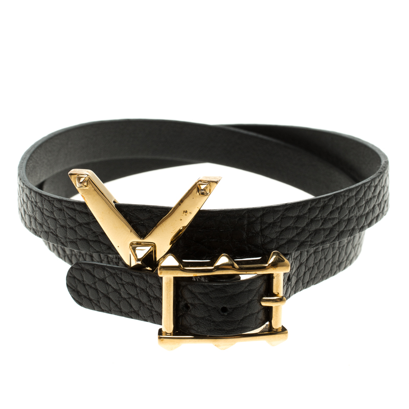 Valentino V Black Leather Gold Tone Rockstud Wrap Bracelet 