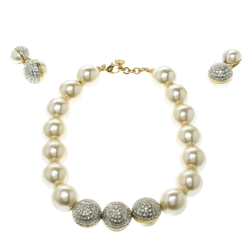 Pre Owned Valentino Giant Faux Pearl Crystal Gold Tone Necklace Earring Set