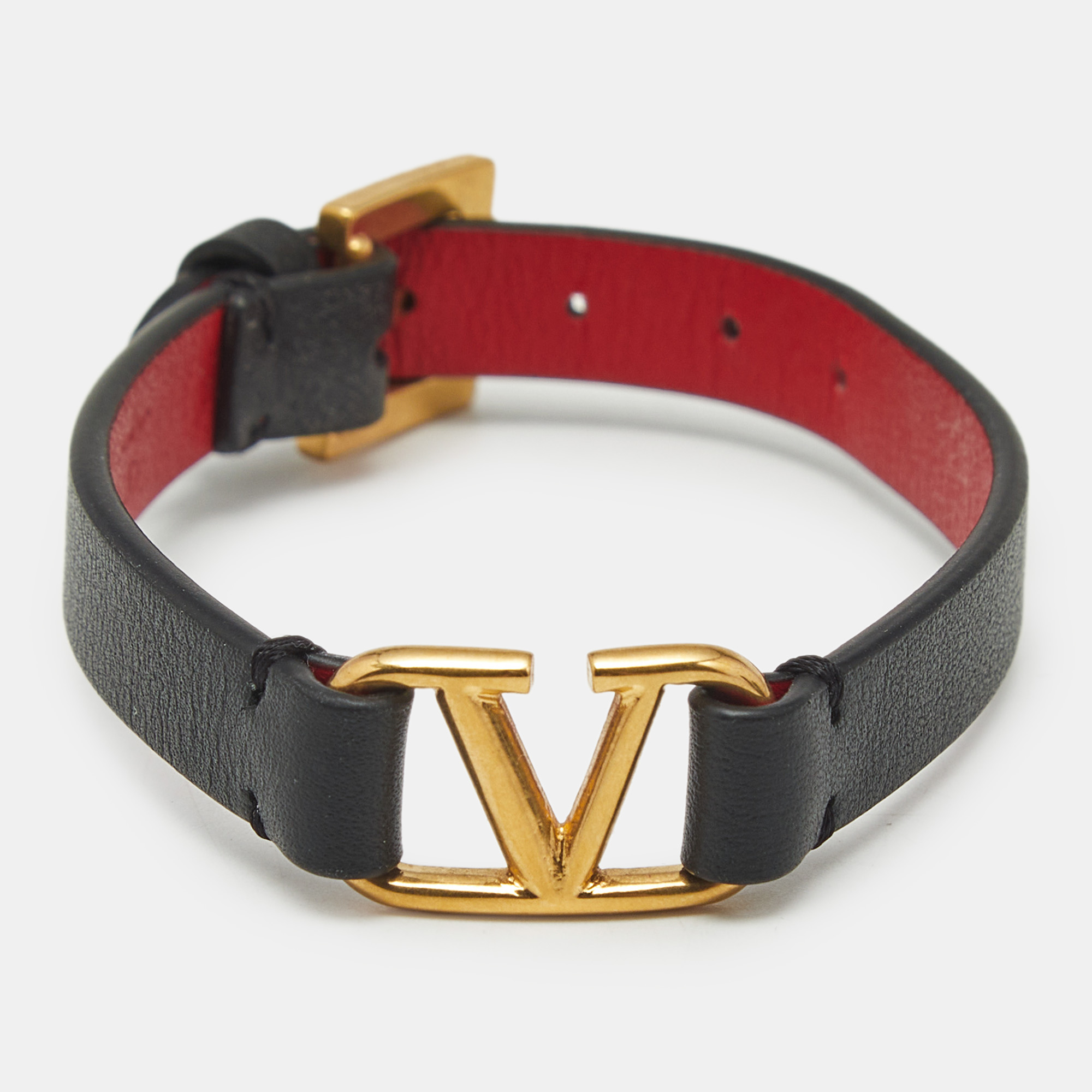 Pre-owned Valentino Garavani Vlogo Leather Gold Tone Bracelet