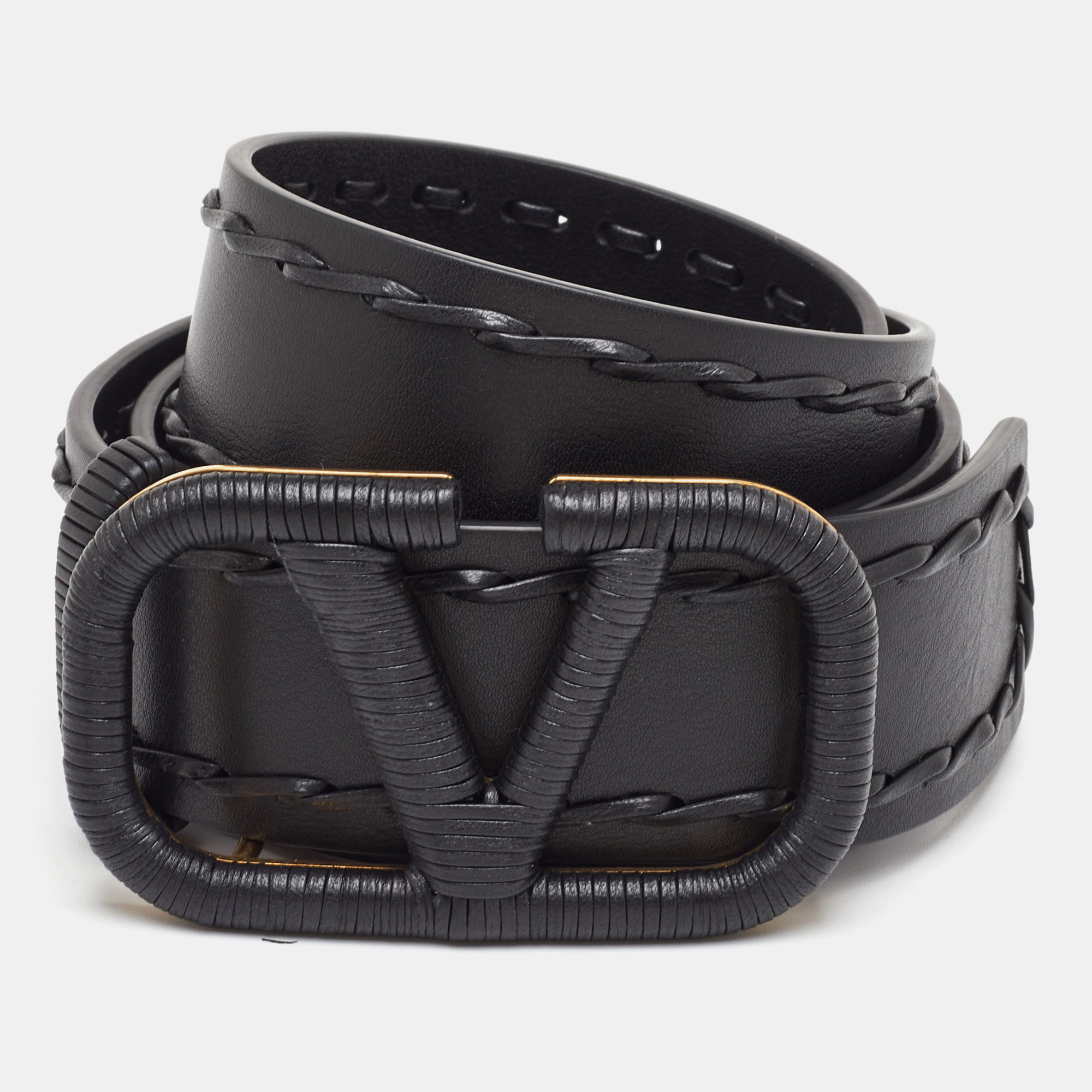 

Valentino VLogo  Waist Belt Black Leather Whipstitch