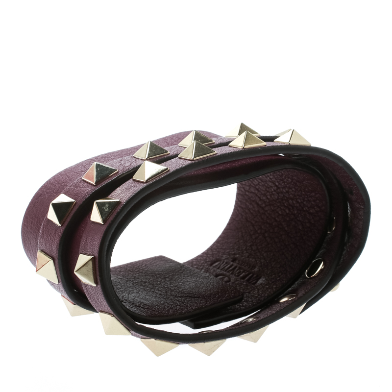 

Valentino Rockstud Purple Leather Gold Tone Double Wrap Cuff Bracelet