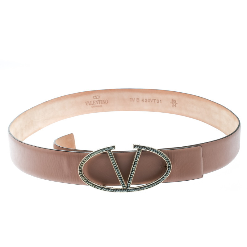 Pre Owned Valentino Pale Pink Leather Embellished Logo Platino Belt 85 CM