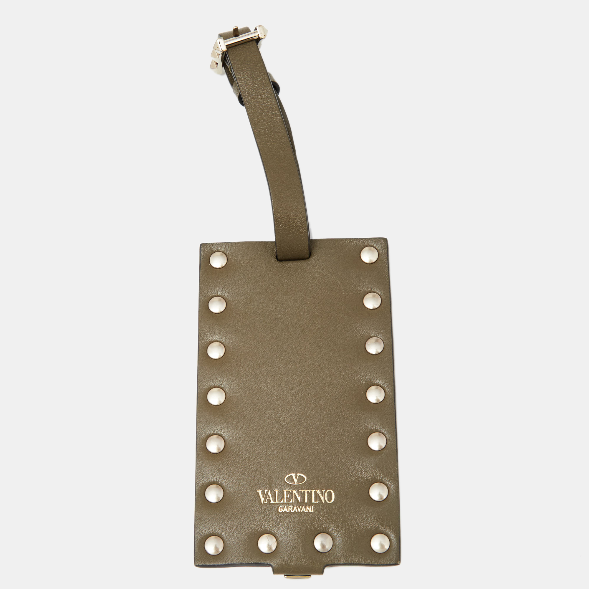 

Valentino Military Green Rockstud Leather Luggage Tag