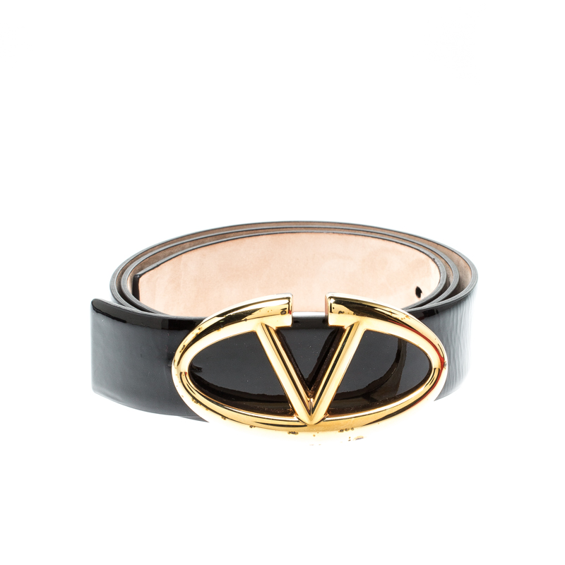 

Valentino Black Patent Leather Logo Platino Belt