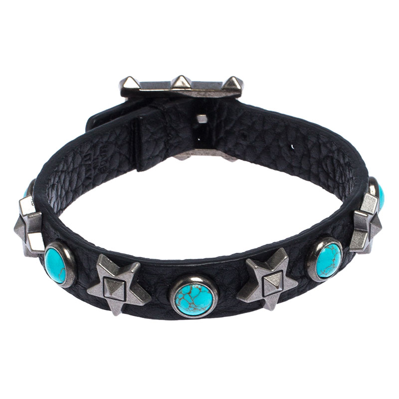 Pre Owned Valentino Black Leather Star Rolling Bracelet