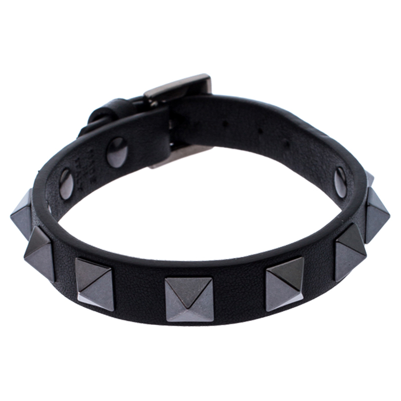 Pre Owned Valentino Rockstud Black Leather Gunmetal Tone Bracelet