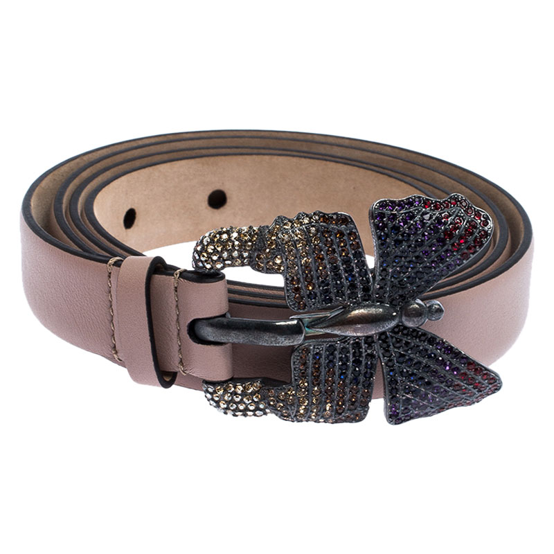 

Valentino Cedar Brown Leather Crystal Embellished Butterfly Buckle Belt