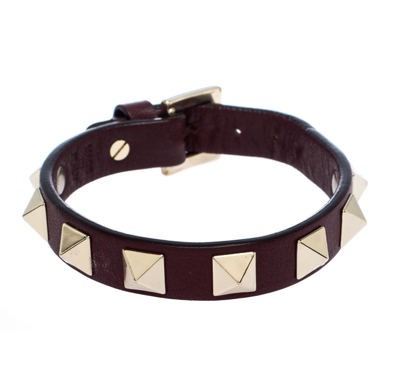 Pre Owned Valentino Rockstud Burgundy Leather Gold Tone Bracelet