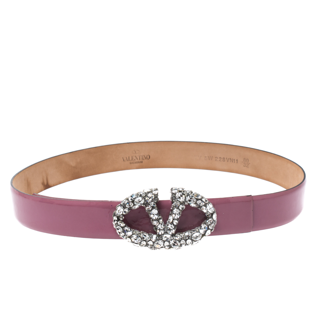 Valentino Pink Patent Leather Crystal Embellished Logo Platino Belt ...