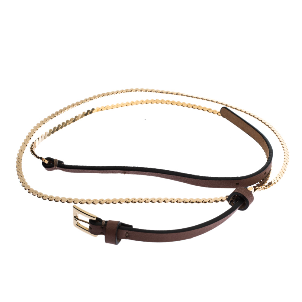 

Valentino Dark Beige Leather and Chain Link Slim Belt