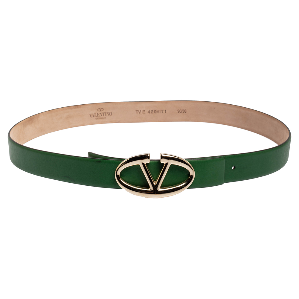 Valentino Green Leather V Logo Buckle Belt 90CM