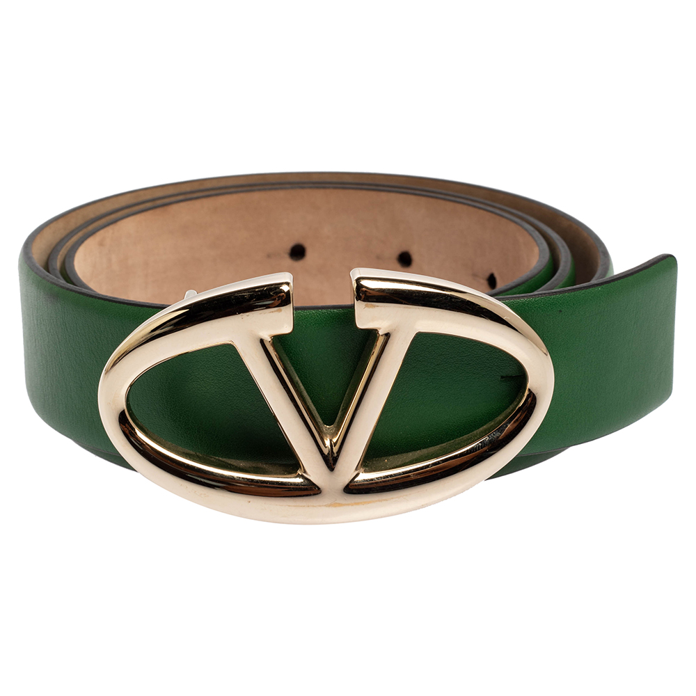 

Valentino Green Leather V Logo Buckle Belt