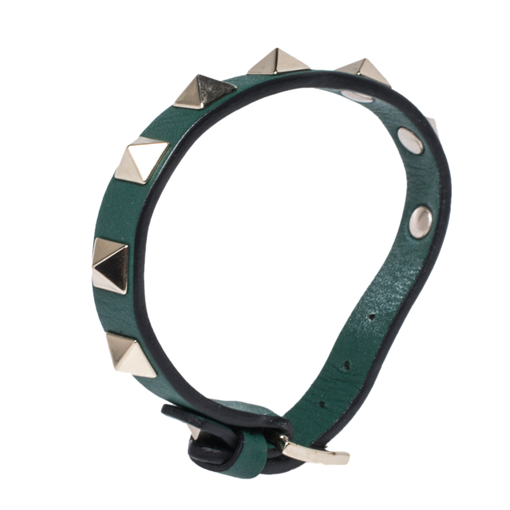 

Valentino Green Leather Pale Gold Tone Rockstud Bracelet