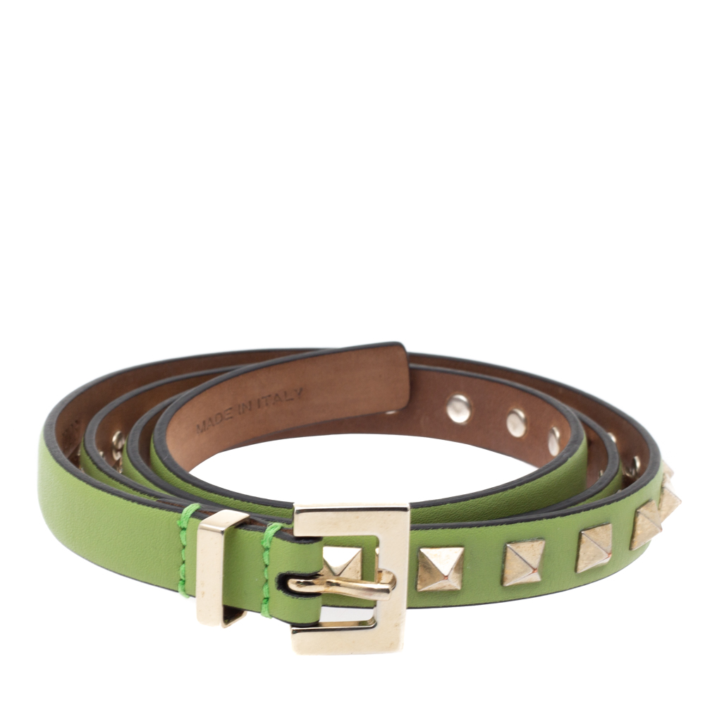 

Valentino Light Green Leather Rockstud Buckle Slim Belt