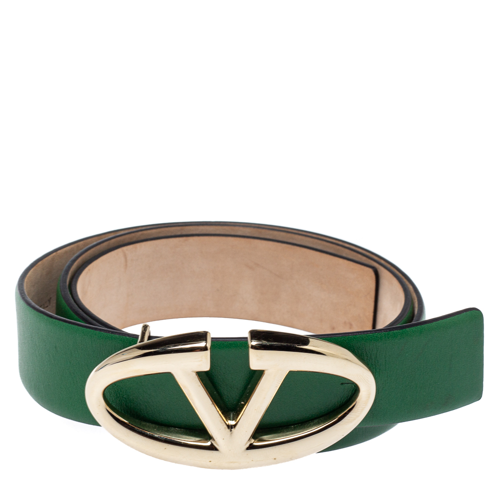 

Valentino Green Leather V Logo Buckle Belt