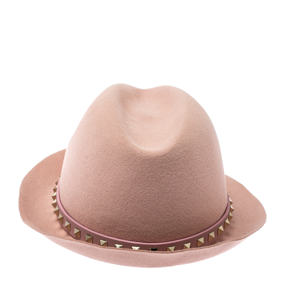 

Valentino Powder Pink Rabbit Fur Felt Rockstud Detail Fedora Hat