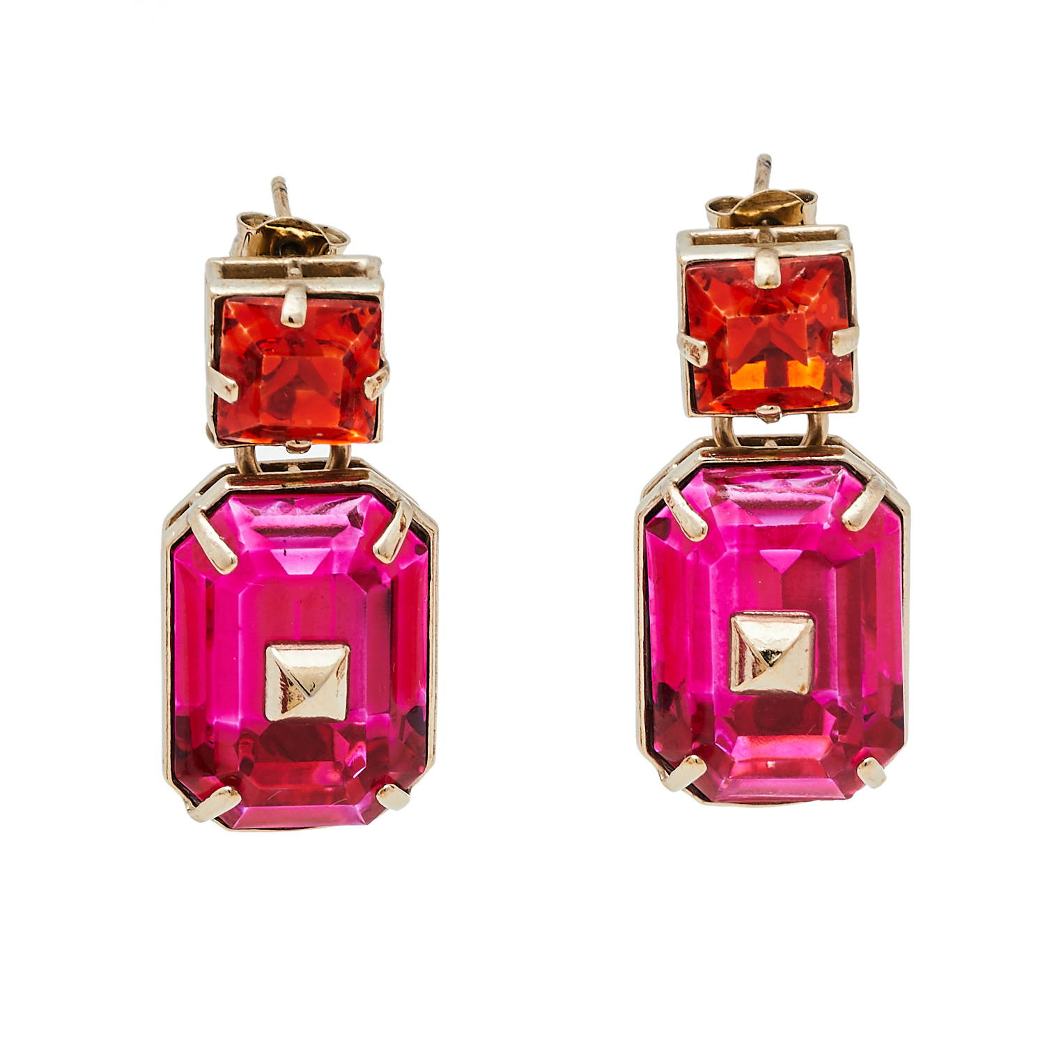 Pre-owned Valentino Garavani Pink & Orange Crystal Rockstud Drop Earrings