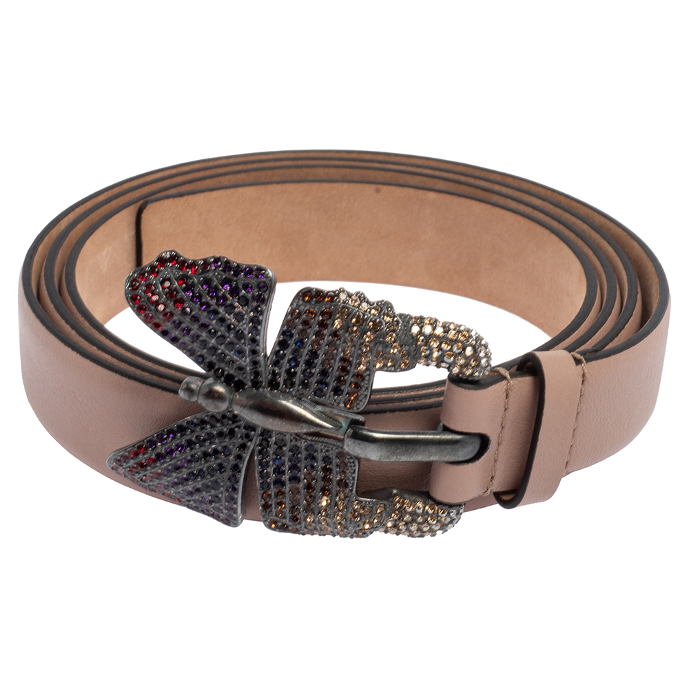 

Valentino Dusty Pink Leather Crystal Embellished Butterfly Buckle Slim Belt