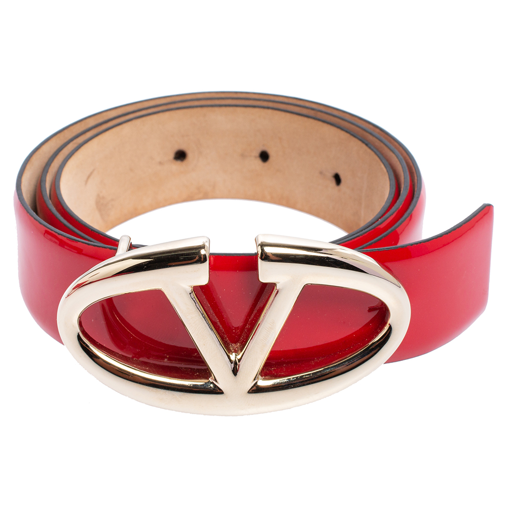 

Valentino Red Patent Leather Logo Platino Belt