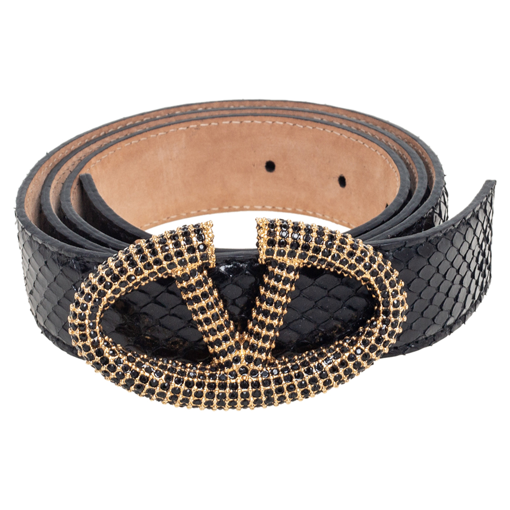 

Valentino Black Python Crystal Embellished V Logo Buckle Belt