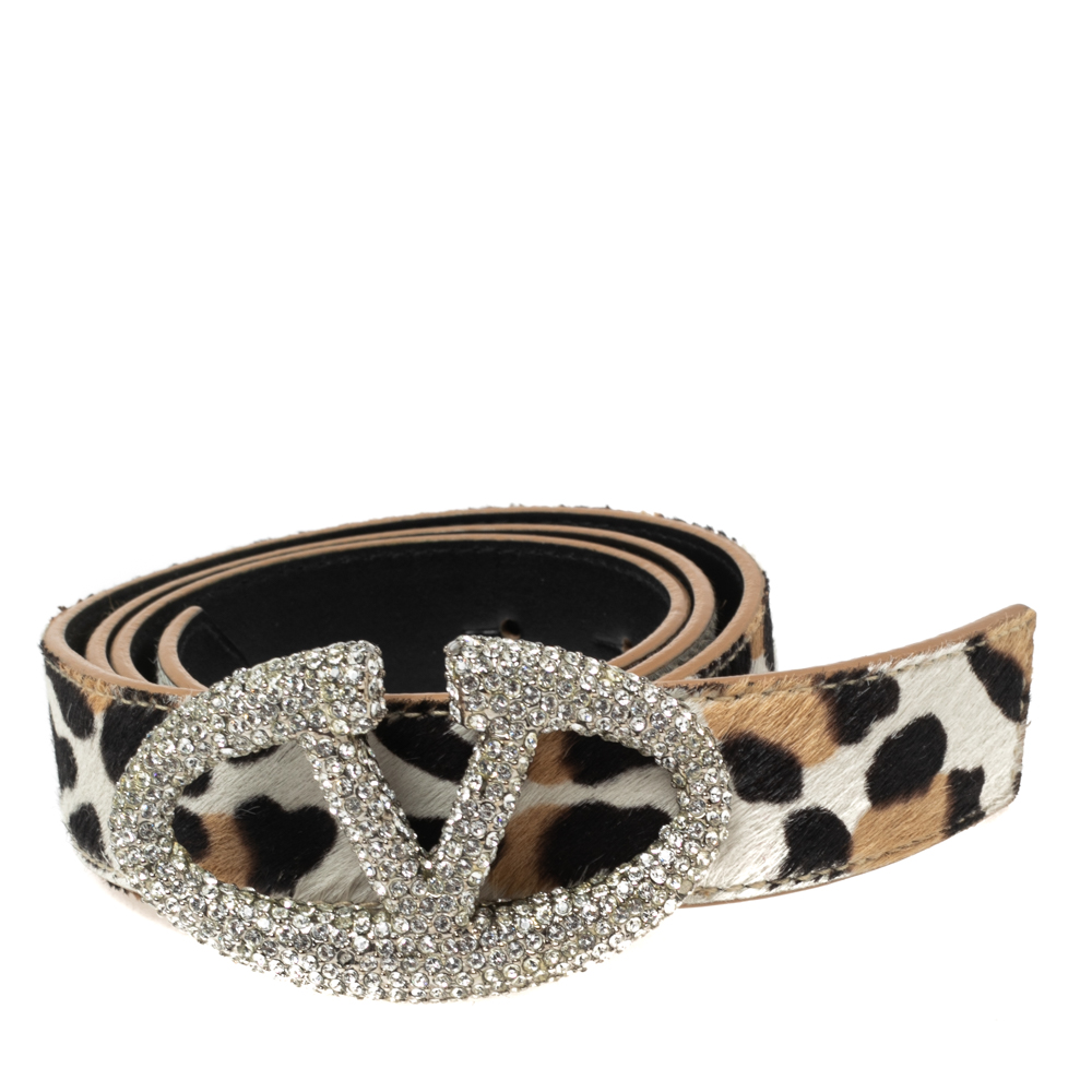 

Valentino Tri Color Leopard Print Calf Hair Crystal Embellished Logo Belt, Multicolor