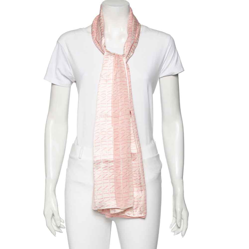 

Valentino Pink & White Logo Print Silk Scarf