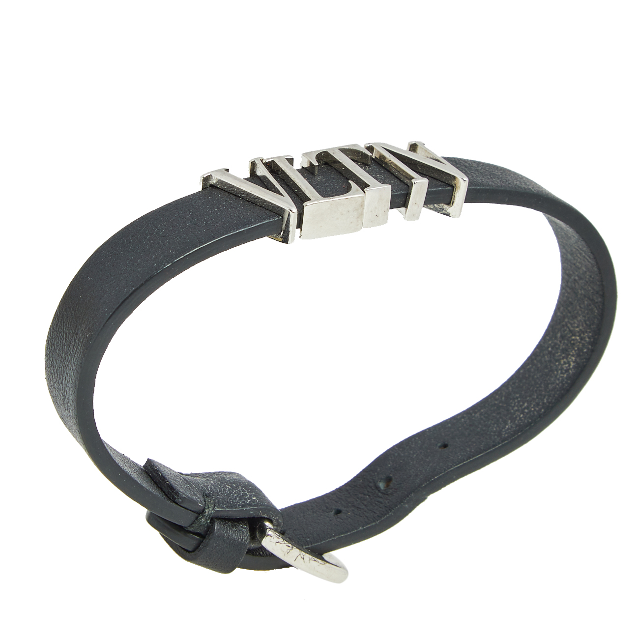 

Valentino Garavani Ruthenium Silver Tone Metal and Black Leather Bracelet