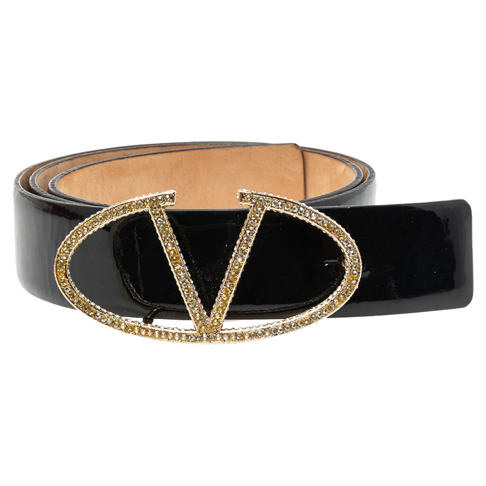 

Valentino Black Patent Leather VLogo Crystals Embellished Belt