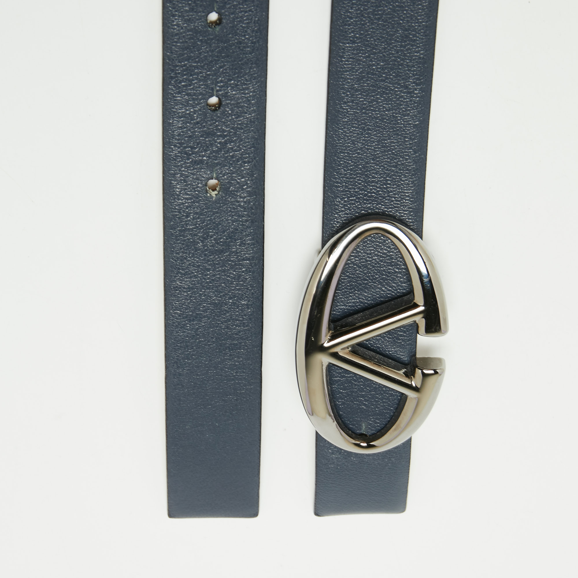 

Valentino Blue Leather Logo Platino Buckle Belt