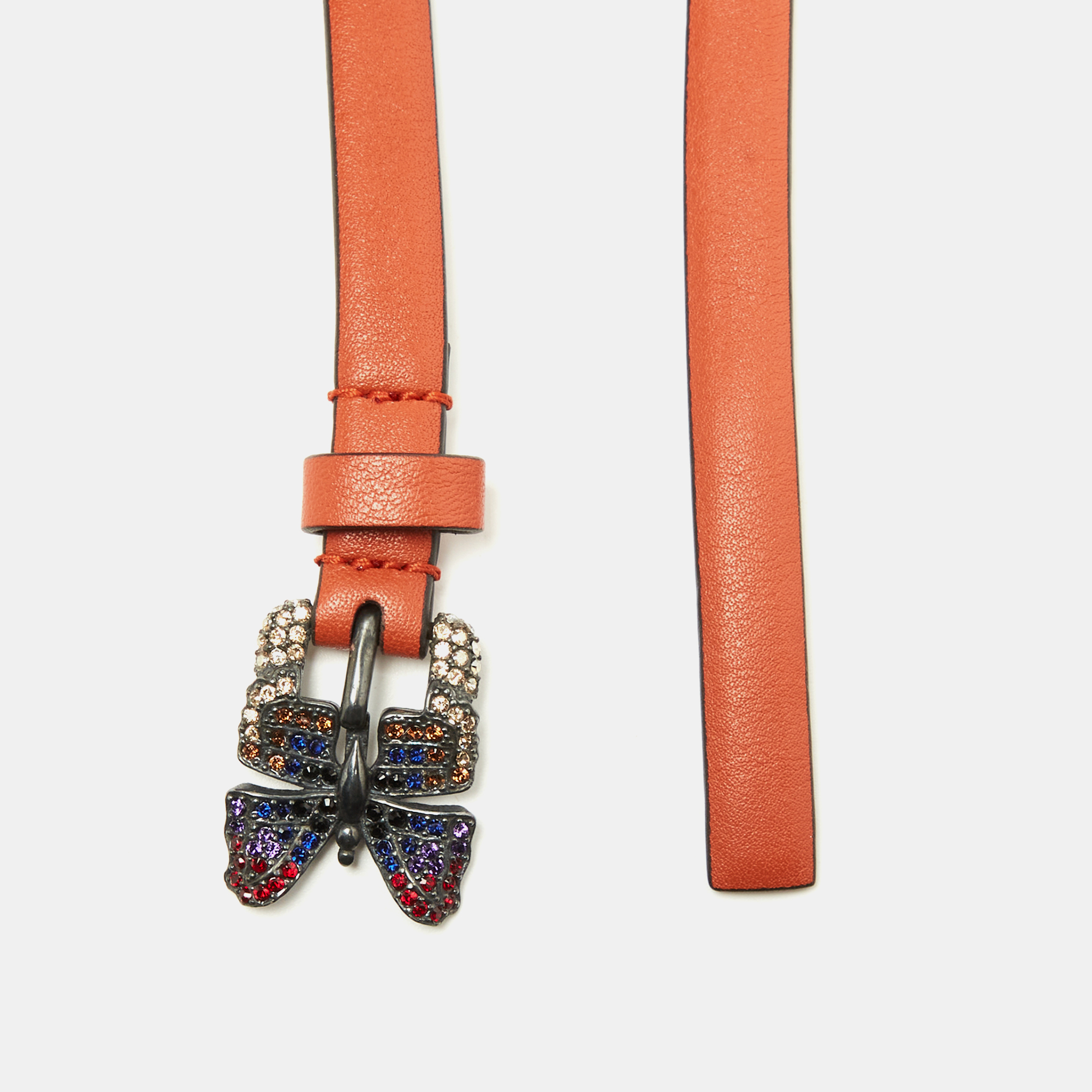 

Valentino Tan Leather Crystal Embellished Butterfly Skinny Buckle Belt