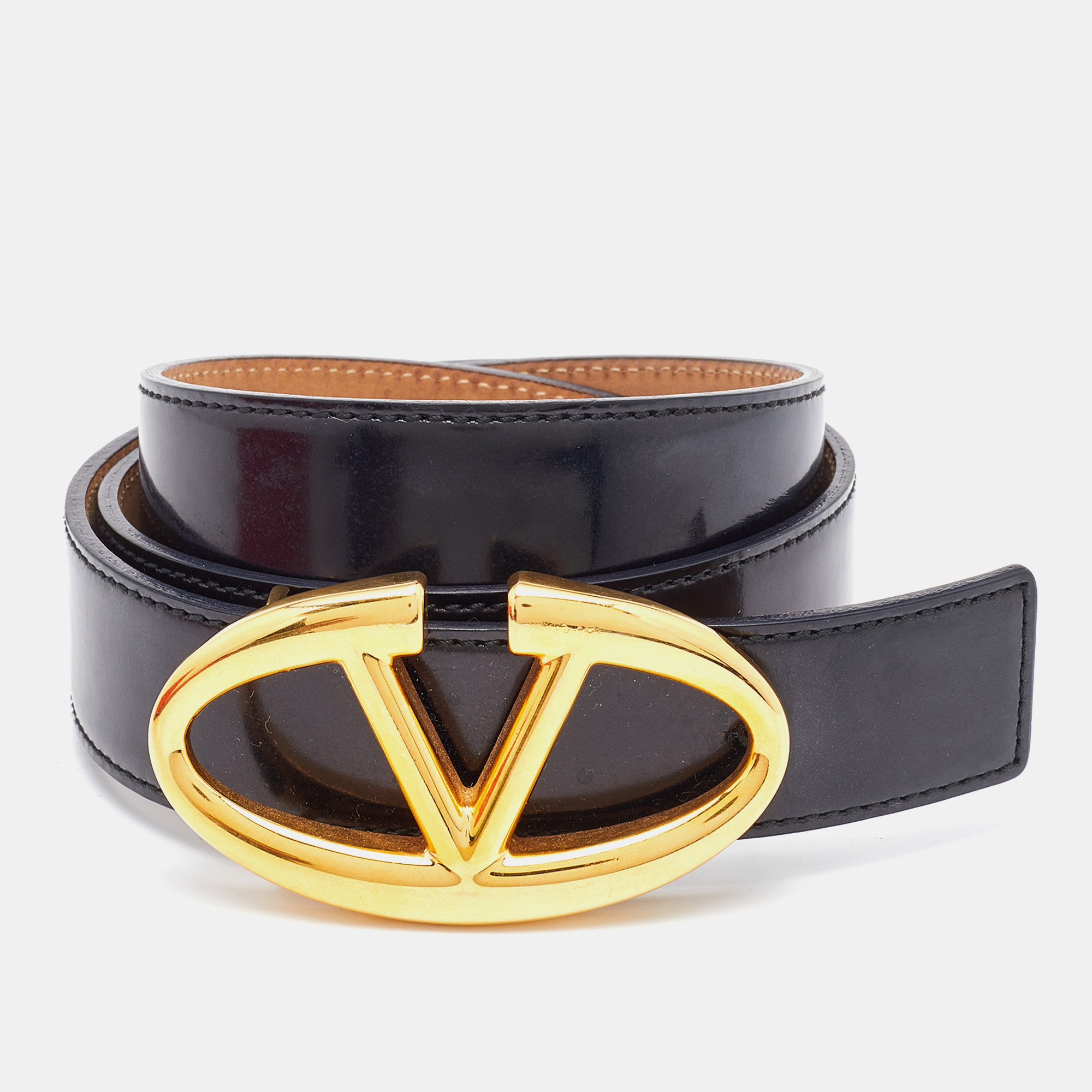 Pre-owned Valentino Garavani Black Leather Vlogo Buckle Belt 80 Cm