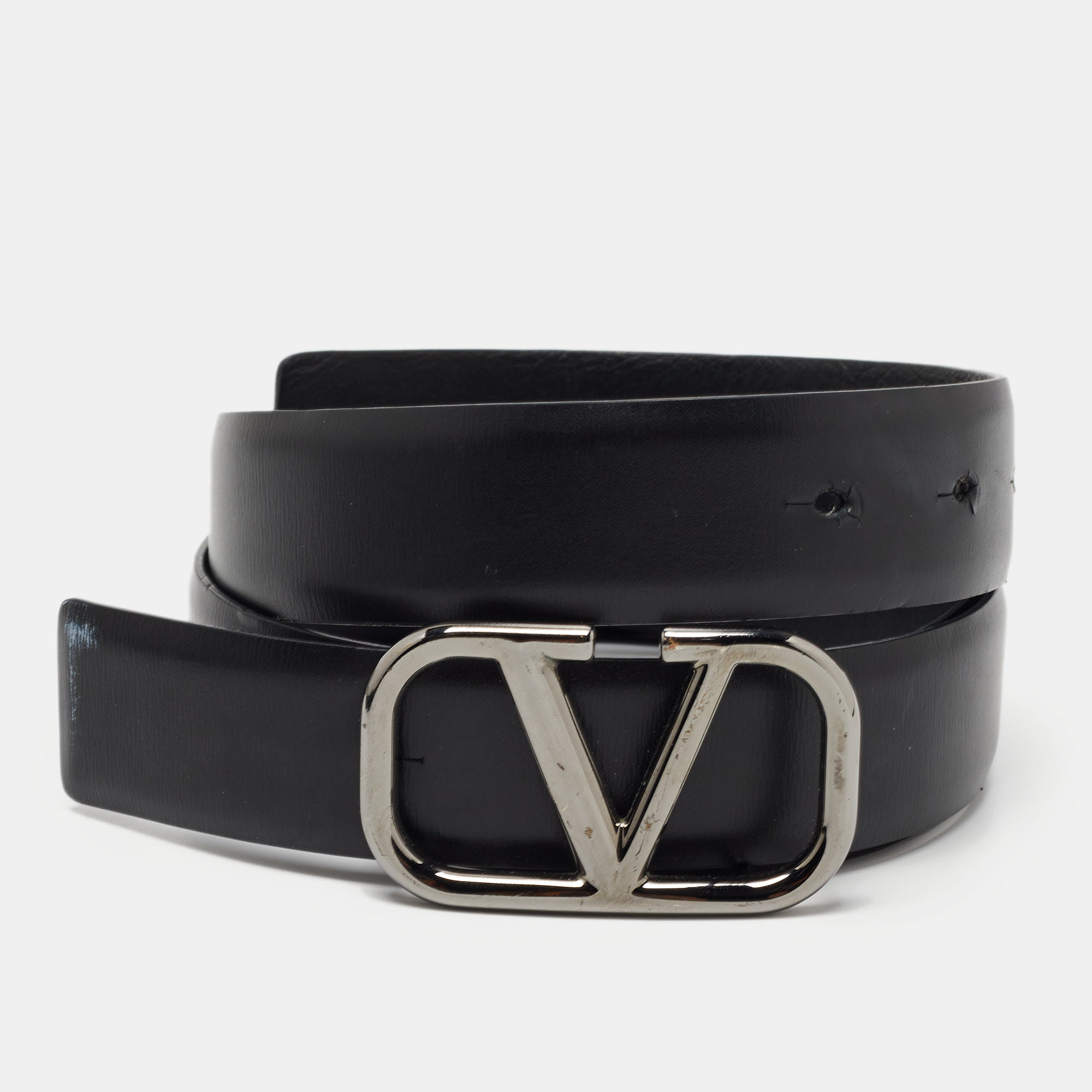 Pre-owned Valentino Garavani Black Leather Vlogo Reversible Belt 85cm