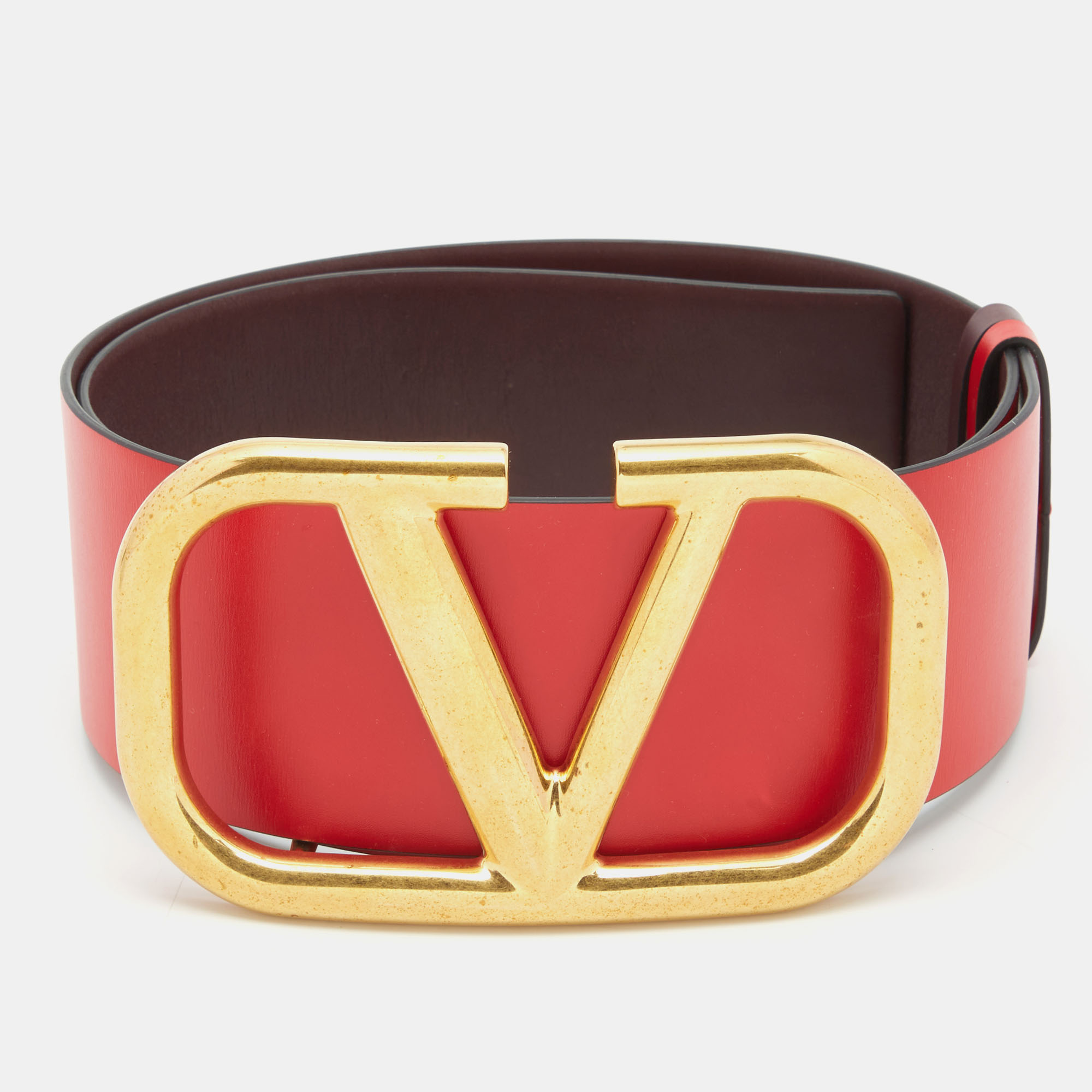 Pre-owned Valentino Garavani Red/burgundy Leather Vlogo Reversible Belt 75cm
