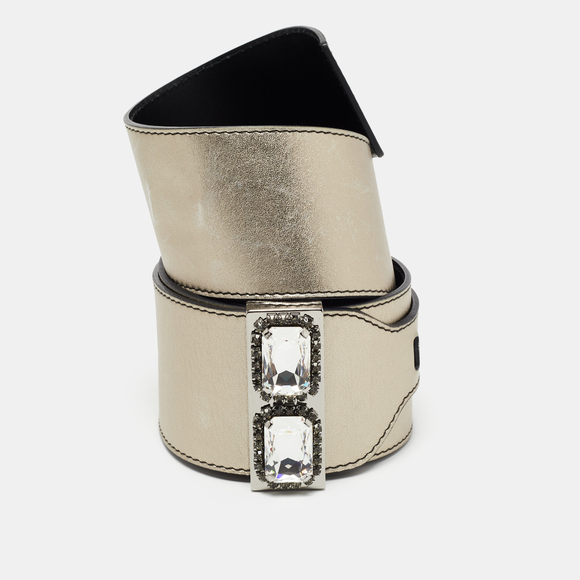 Pre-owned Valentino Garavani Pale Gold Leather Crystal Embellished Waist Belt 85cm