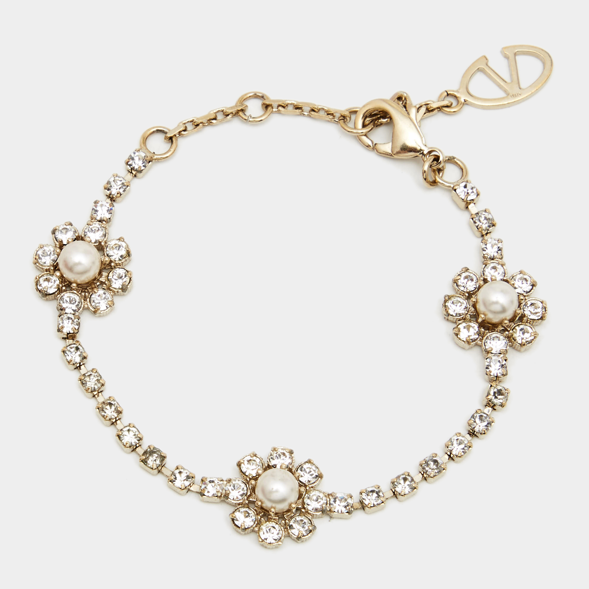Pre-owned Valentino Garavani Faux Pearl Crystal Embellished Gold Tone Flower Bracelet
