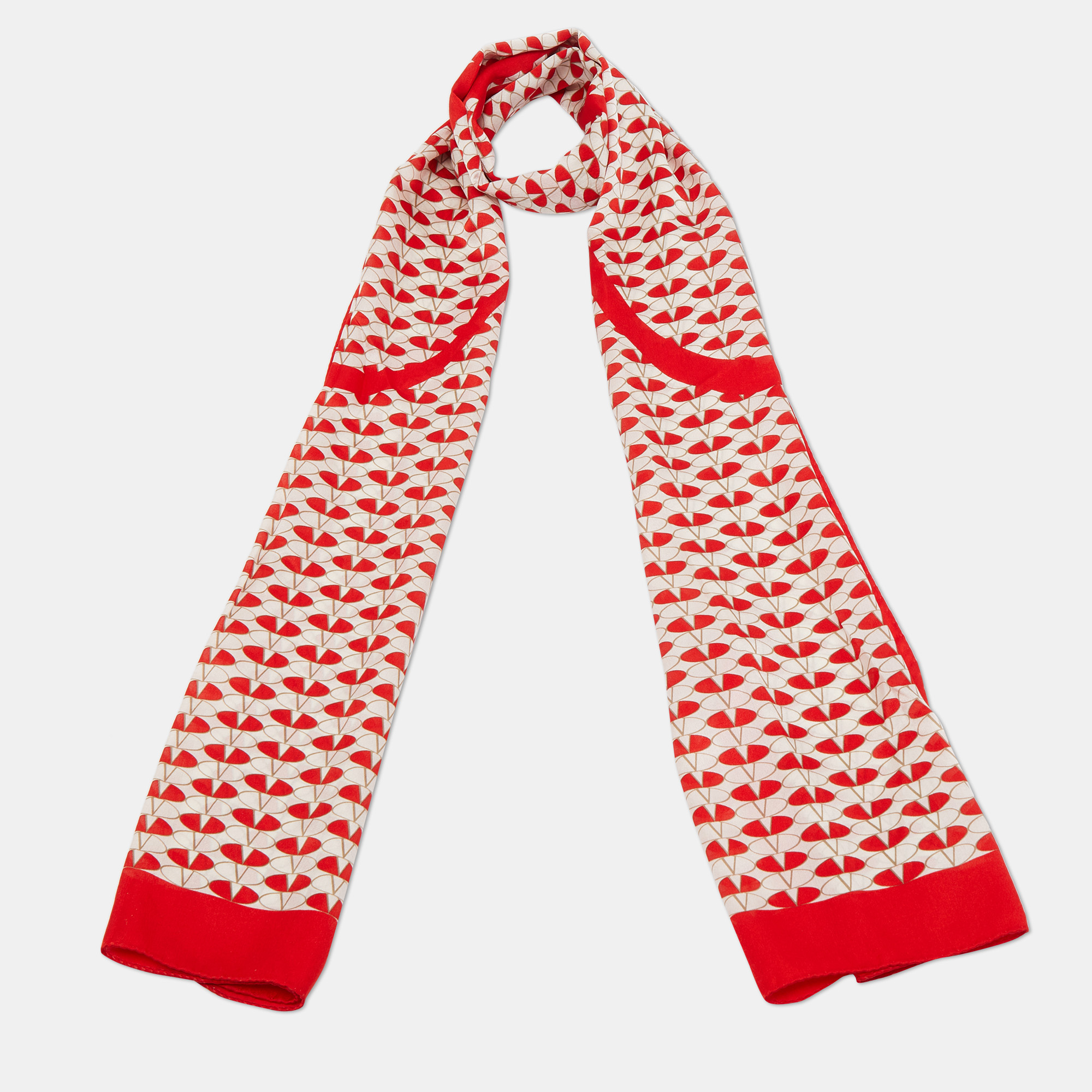 

Valentino Red/ White V Logo Printed Silk Scarf