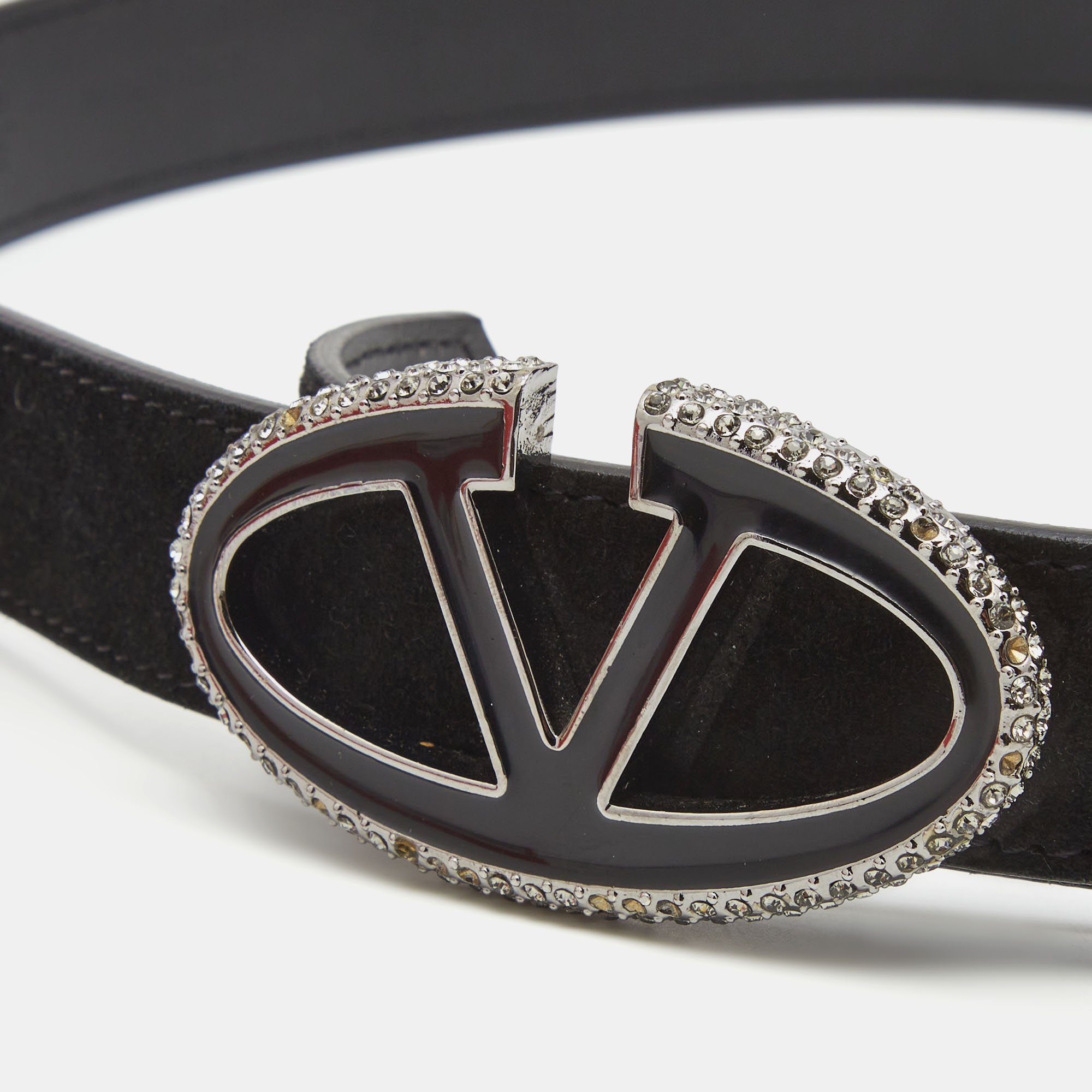

Valentino Black Suede and Leather VLogo Crystals Belt