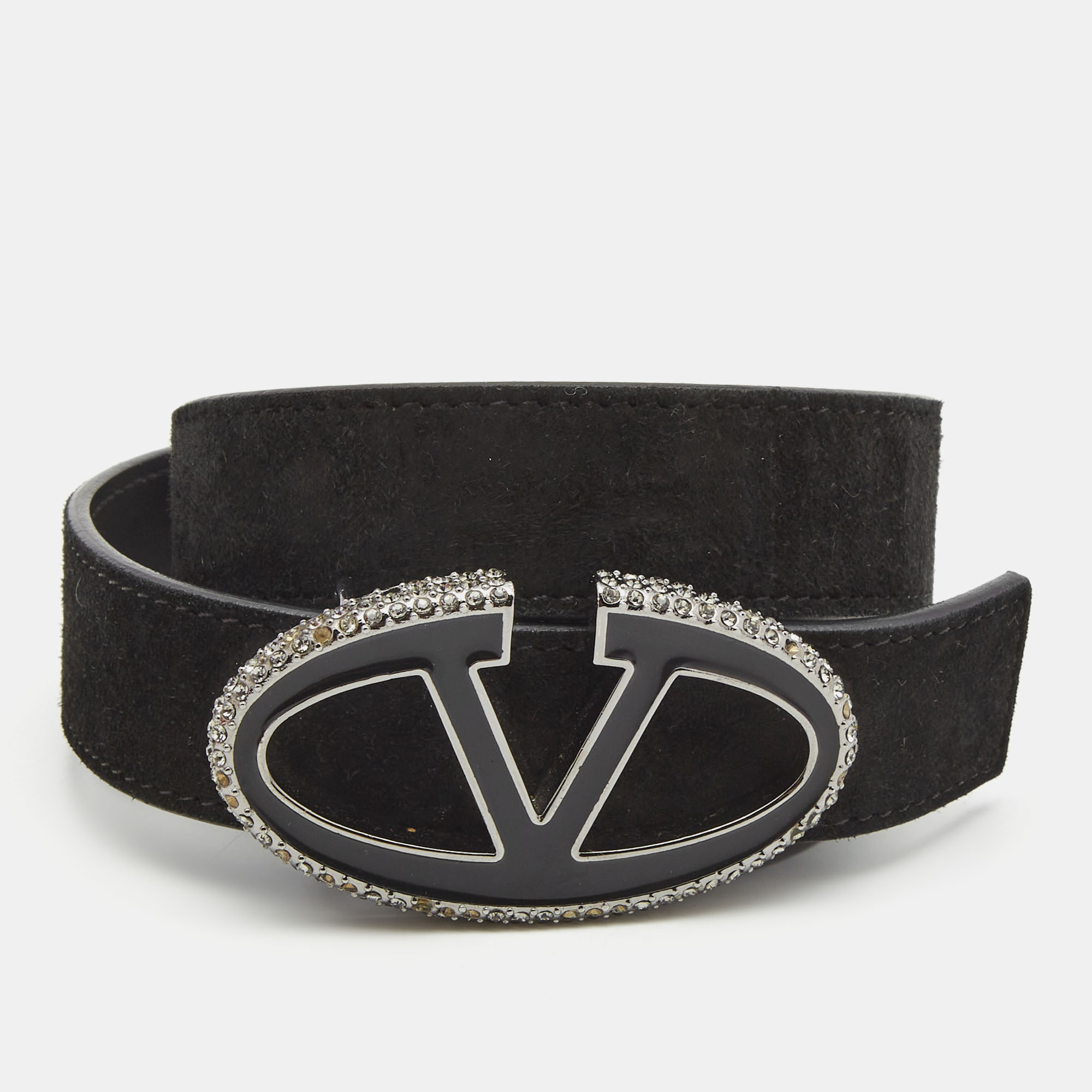 Pre-owned Valentino Garavani Black Suede And Leather Vlogo Crystals Belt 80cm